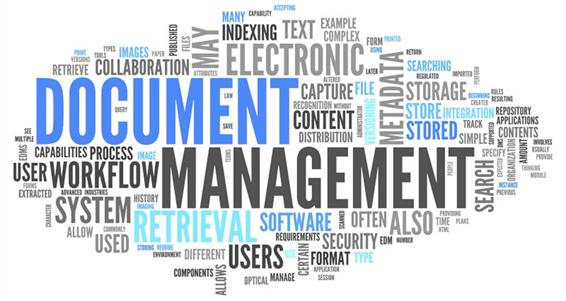 A tag cloud referring to business process words such as document, management and workflow